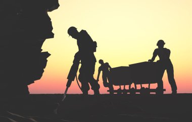 Arabalı iki madenci, 3 boyutlu.