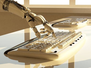 Bir laptop.3d render bir robot kol