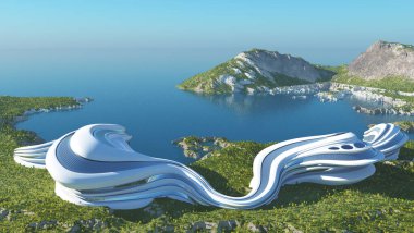 Manzaranın arka planında fütürist bir bina. 3d hazırlayıcı
