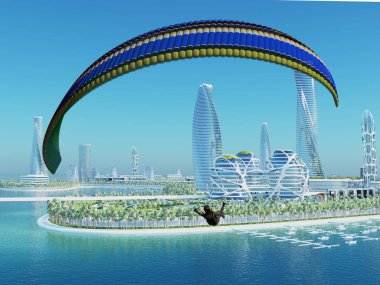 Paragliding of the modern city.,3d render