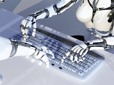 Bir laptop.3d render bir robot kol