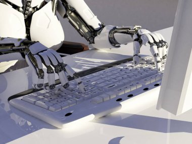 Bir laptop.3d render bir robot kol