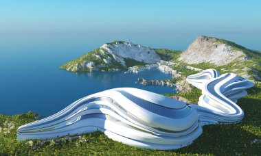Manzaranın arka planında fütürist bir bina. 3d hazırlayıcı