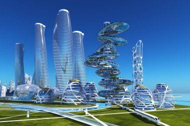 Manzaranın arka planında fütürist bir bina. 3d hazırlayıcı