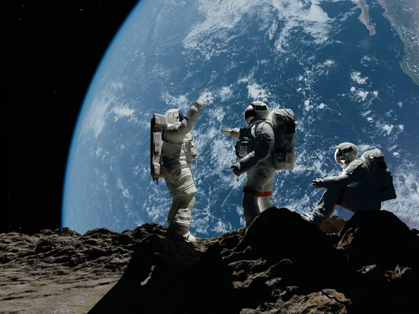 Grupa Astronautów Jest Planecie Renderowanie — Zdjęcie stockowe