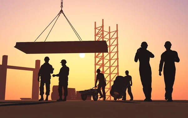 The group of workers working at a construction site.,3d render