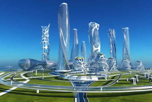Futuristic building on the background of the landscape . 3d render