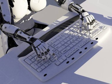 Bir laptop.3d render bir robot kol