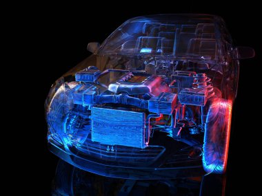 Siyah arka planda üç boyutlu model arabalar.