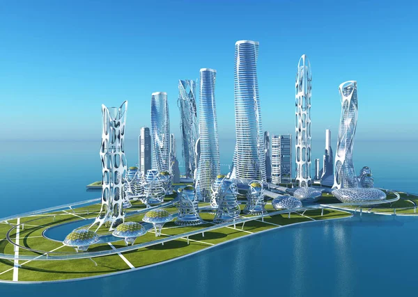 風景を背景にした未来的な建物 3Dレンダリング — ストック写真