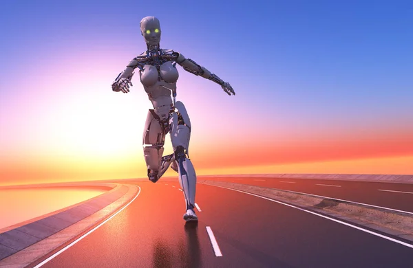 Robot Yol Boyunca Koşuyor Render — Stok fotoğraf