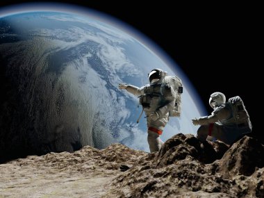 Gezegen üzerinde bir grup astronot var.