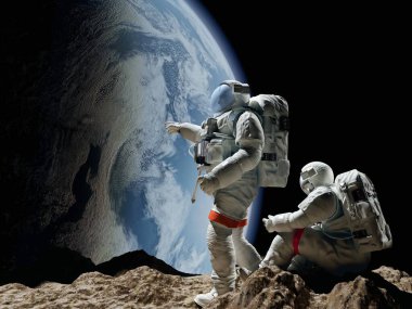 Gezegen üzerinde bir grup astronot var.