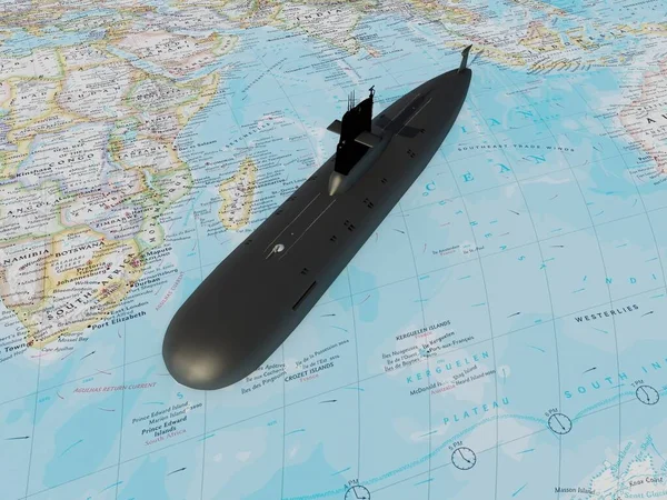 Sottomarino Sulla Mappa Del Mondo Rendering — Foto Stock