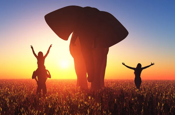 Elefante Pessoas Pôr Sol Render — Fotografia de Stock