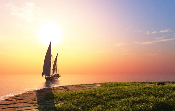 Jacht Morzu Zachodzie Słońca Renderowania — Zdjęcie stockowe