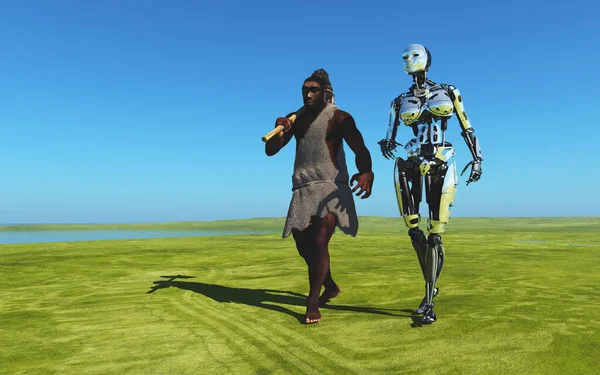 Primitive man and cyborg on green grass., 3D rendering