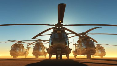 Bir grup askeri helikopter. 3D görüntüleme.