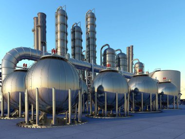 Gün batımında kimyasal tesis... 3D görüntüleme