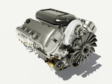 Arabanın motoru beyaz arka planda... 3D görüntüleme