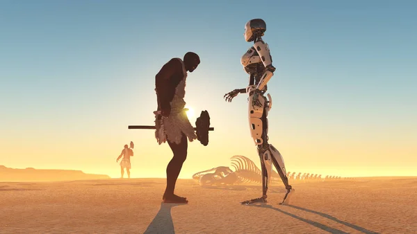 Primitive Man Cyborg Desert Rendering — Stock Photo, Image