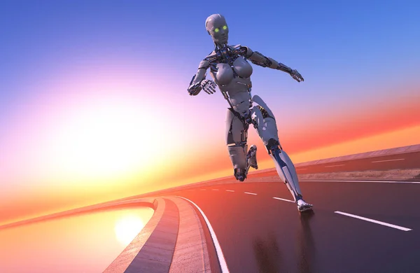 Robot Correr Largo Carretera Render — Foto de Stock