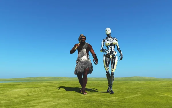 Primitive man and cyborg on green grass., 3D rendering