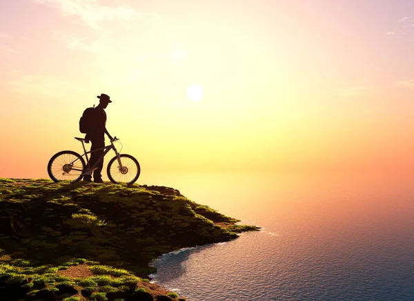 Ein Mann Mit Fahrrad Vor Der Kulisse Der Berge — Stockfoto