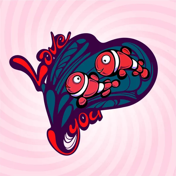 Dvě roztomilé clown ryb na pozadí srdce — Stockový vektor