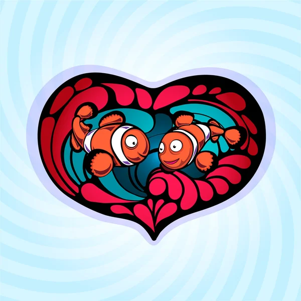 Zwei niedliche Clownfische auf einem Herzhintergrund — Stockvektor