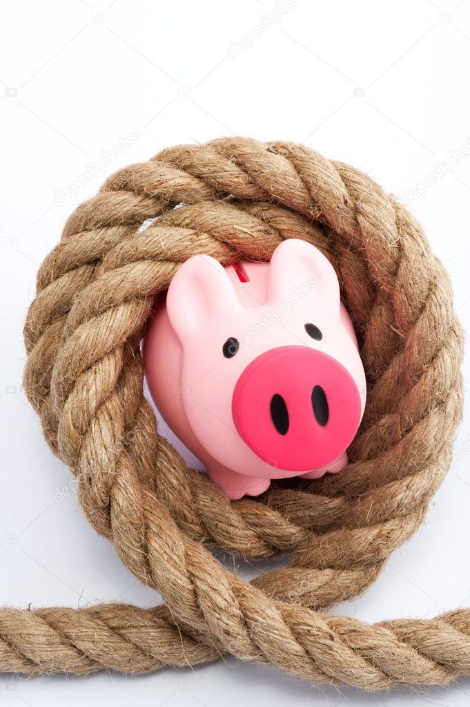 Piggy bank tied by rope