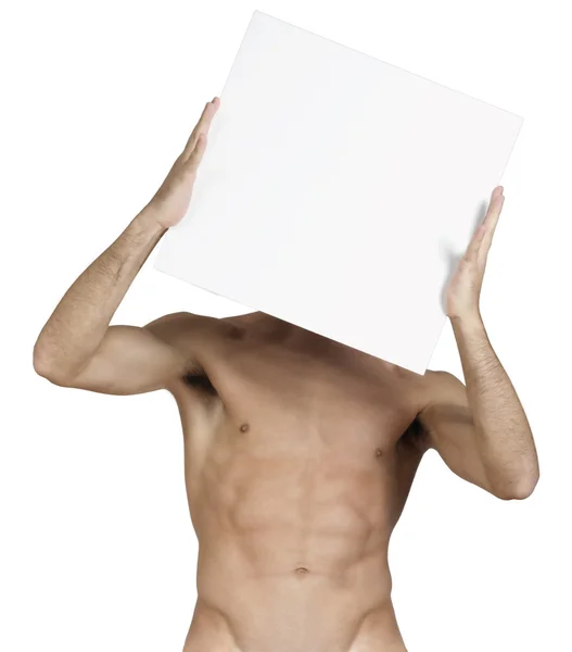 Hombre torso desnudo muscular con signo blanco — Foto de Stock