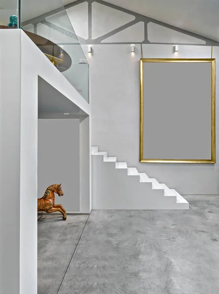 Interiérové Záběry Moderního Obývacího Pokoje Betonovou Podlahou Pozadí Zděné Schodiště — Stock fotografie