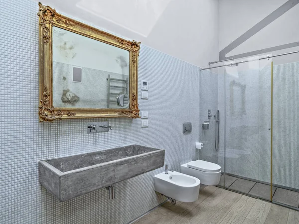 Tomas Interiores Moderno Cuarto Baño Primer Plano Lavabo Montado Pared — Foto de Stock