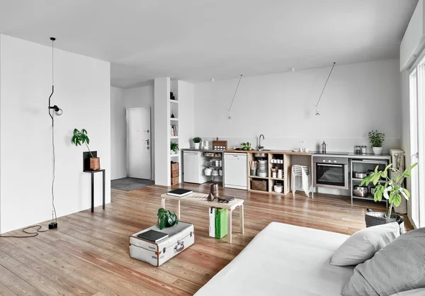 Interieur Opnamen Van Een Moderne Woonkamer Voorgrond Banken Achtergrond Keuken — Stockfoto