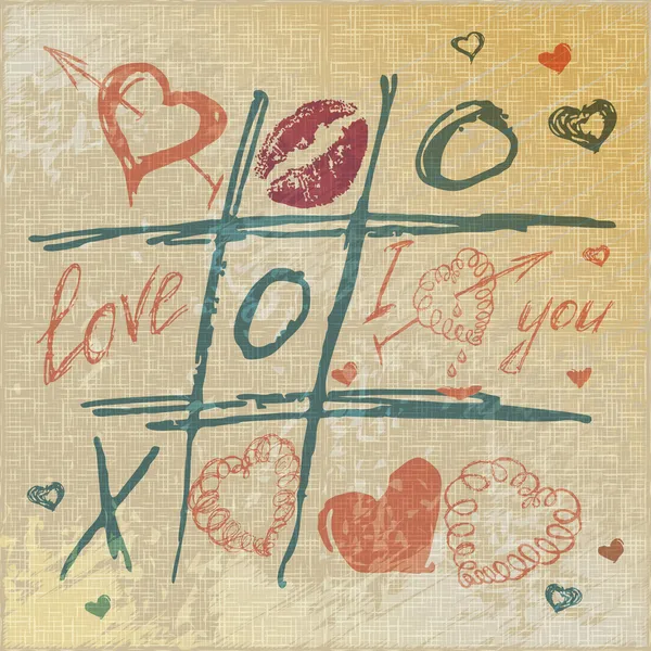 Vector Tic Tac Toe Hearts, fondo de San Valentín. El día de San Valentín. Corazón de amor. Iconos dibujados a mano símbolos . — Archivo Imágenes Vectoriales