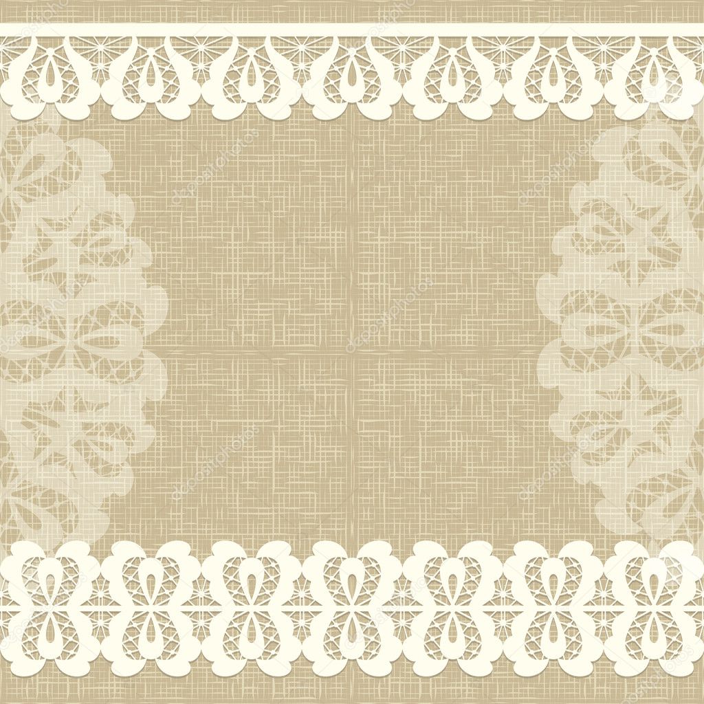 Vector Card with a white lace. Linen canvas Floral Background.