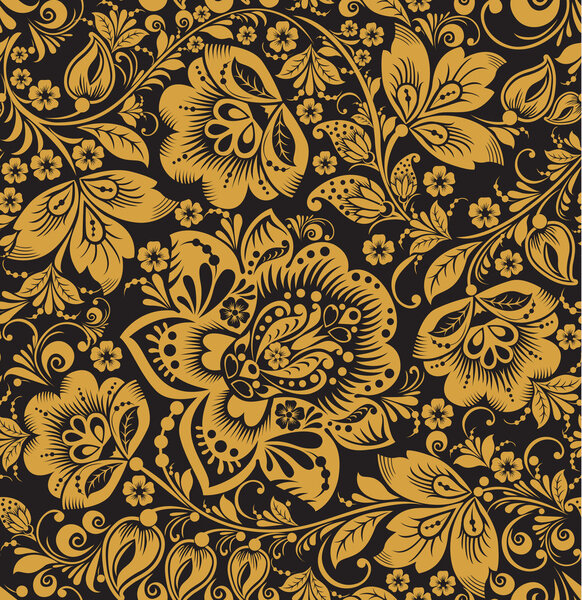 Seamless floral pattern. Beige flowers on a gold background.