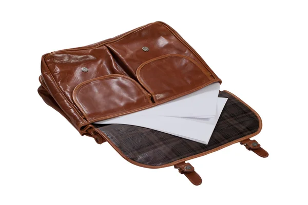 Open leather bag with papers — Stock Photo, Image