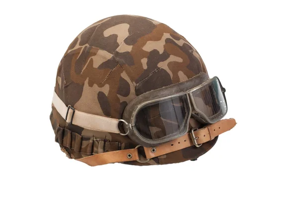 Soviet army camouflaged helmet with goggles isolated on white — Stock Photo, Image