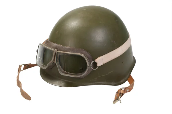 Soviet army helmet with goggles isolated on white — Stock Photo, Image