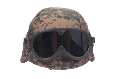 us marines kevlar helmet with camouflage cover and protective goggles clipart