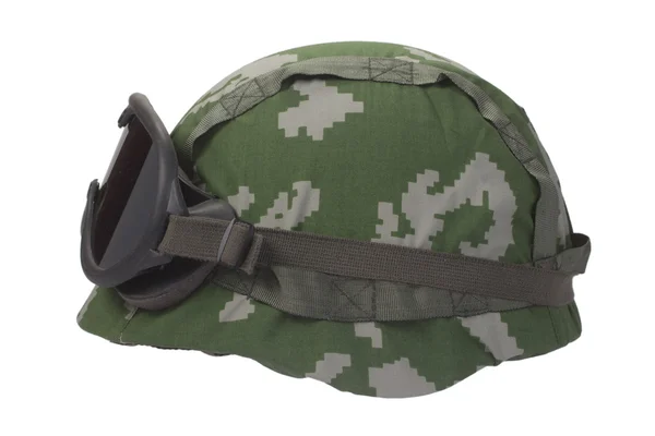 Kevlar helmet with camouflage cover and protective goggles — Stock Photo, Image