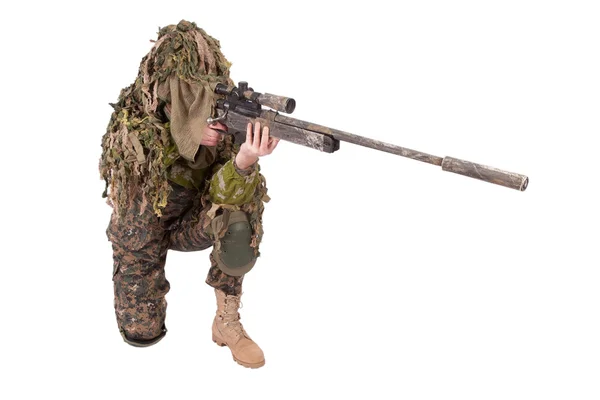 Camouflaged sniper in ghillie suit — Stock Photo, Image