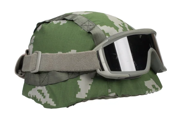 Kevlar helmet with camouflage cover and protective goggles — Stock Photo, Image