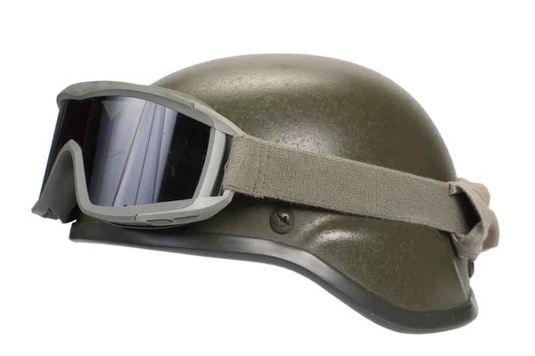 Kevlar helmet with camouflage cover and protective goggles — Stock Photo, Image