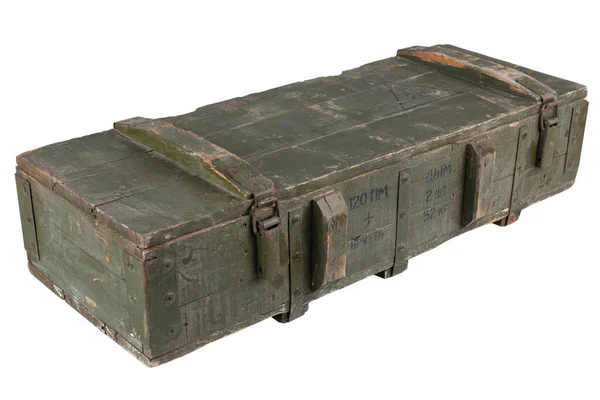 苏联军队的弹药箱案文中用的是俄式弹药 迫击炮弹子弹 120毫米口径弹丸 弹丸式烟雾 弹片数量和重量 因白人背景而被隔离 — 图库照片