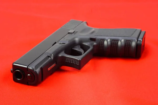 Semiauto Handgun Red Canvas Background — Fotografia de Stock