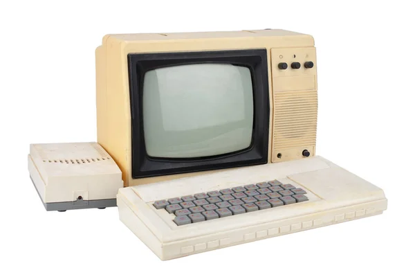 Vecchio Computer Bit Con Monitor Televisore Isolato Bianco Immagine Stock