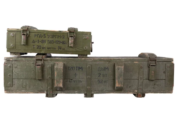 Armeemunition Stapelt Sich Grünen Kisten Text Auf Russisch Munitionstyp Projektil — Stockfoto